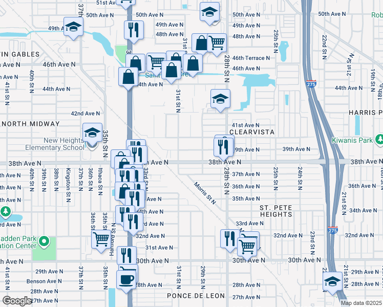 map of restaurants, bars, coffee shops, grocery stores, and more near 2928 39th Avenue North in St. Petersburg