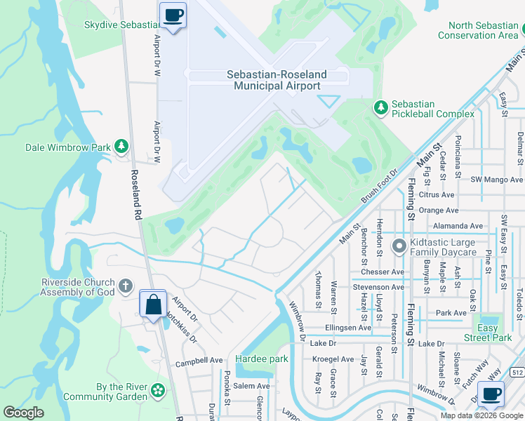 map of restaurants, bars, coffee shops, grocery stores, and more near 638 Gossamer Wing Way in Sebastian