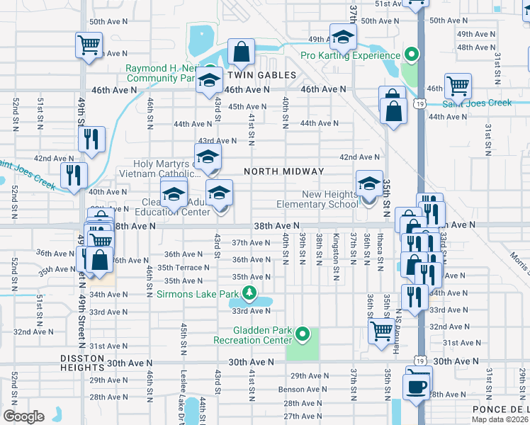 map of restaurants, bars, coffee shops, grocery stores, and more near 4058 39th Avenue North in St. Petersburg