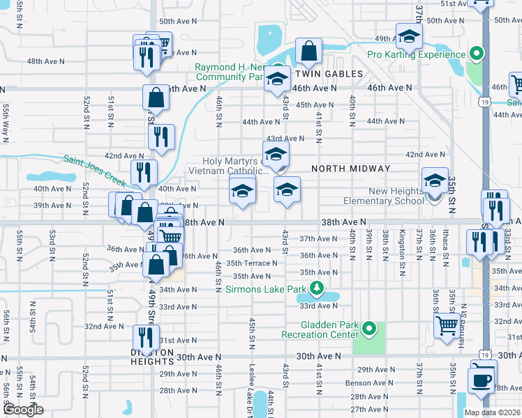 map of restaurants, bars, coffee shops, grocery stores, and more near 4455 38th Terrace North in St. Petersburg