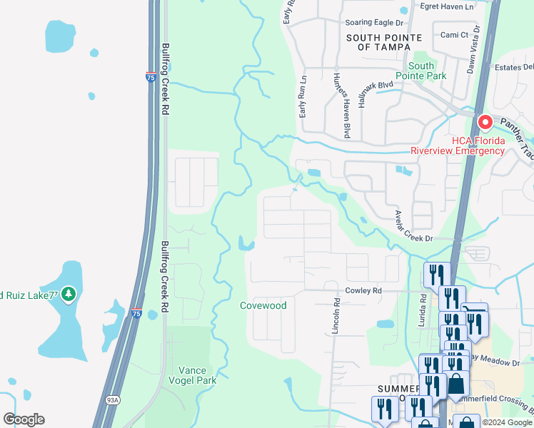 map of restaurants, bars, coffee shops, grocery stores, and more near 10001 Rose Petal Place in Riverview
