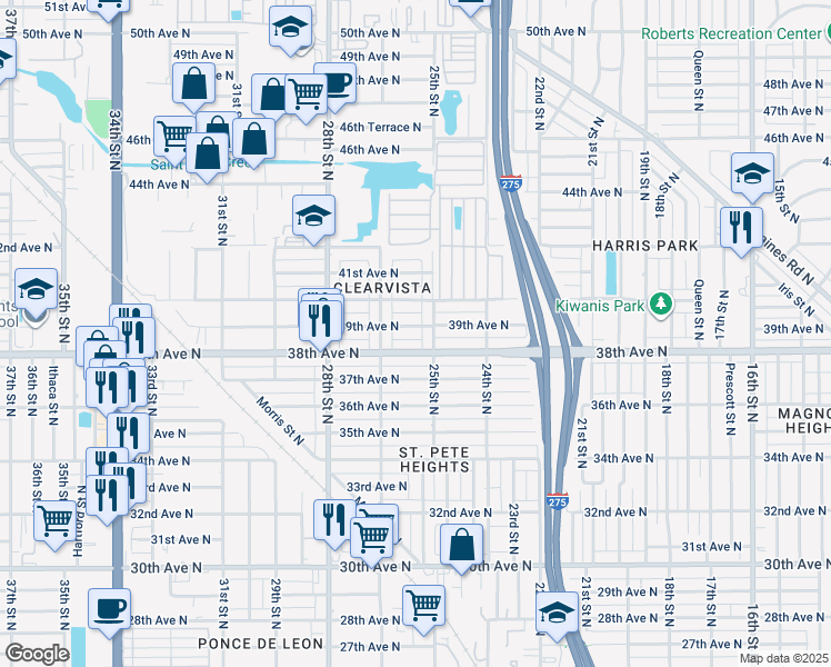 map of restaurants, bars, coffee shops, grocery stores, and more near 2526 39th Avenue North in St. Petersburg