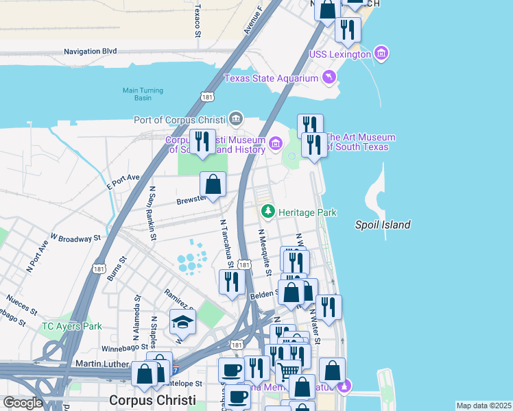 map of restaurants, bars, coffee shops, grocery stores, and more near 1699 Mesquite Street in Corpus Christi