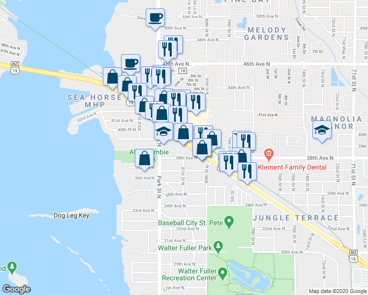 map of restaurants, bars, coffee shops, grocery stores, and more near 8101 38th Avenue North in St. Petersburg
