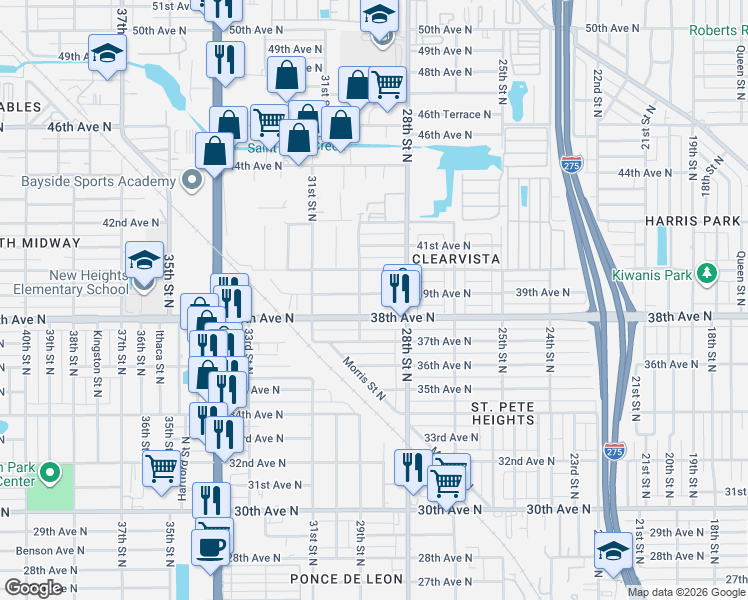 map of restaurants, bars, coffee shops, grocery stores, and more near 2851 38th Avenue North in St. Petersburg