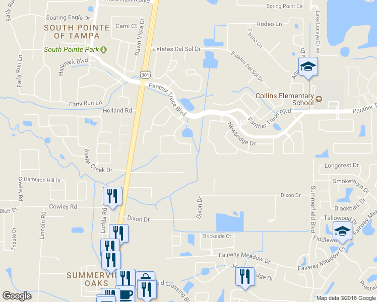 map of restaurants, bars, coffee shops, grocery stores, and more near 12739 Standbridge Drive in Riverview