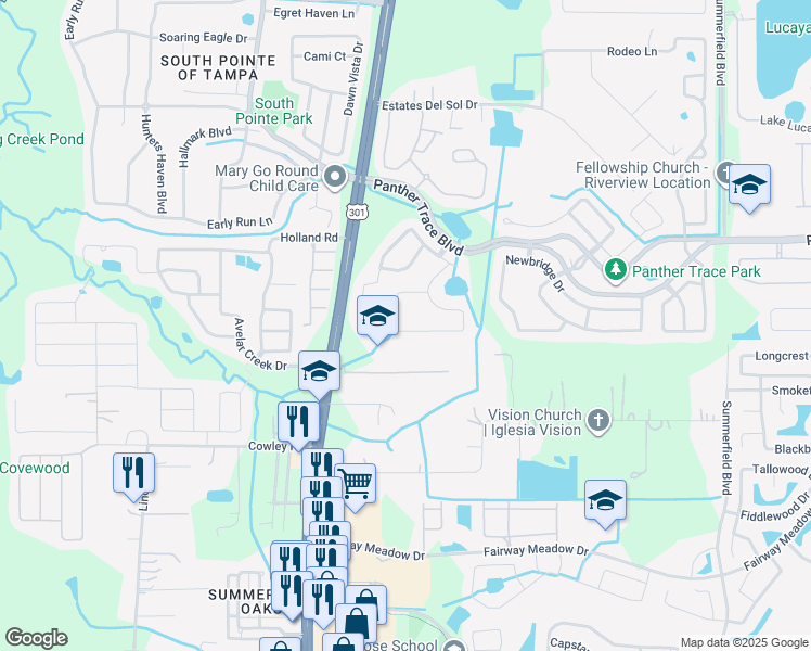 map of restaurants, bars, coffee shops, grocery stores, and more near 12767 Standbridge Drive in Riverview