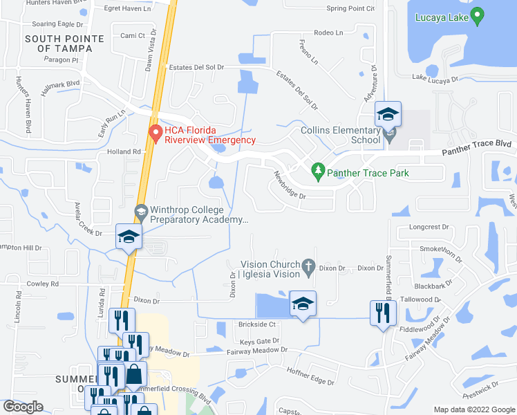 map of restaurants, bars, coffee shops, grocery stores, and more near 10825 Newbridge Drive in Riverview
