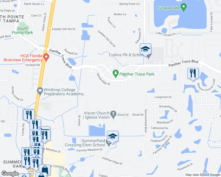 map of restaurants, bars, coffee shops, grocery stores, and more near 12718 Bramfield Drive in Riverview
