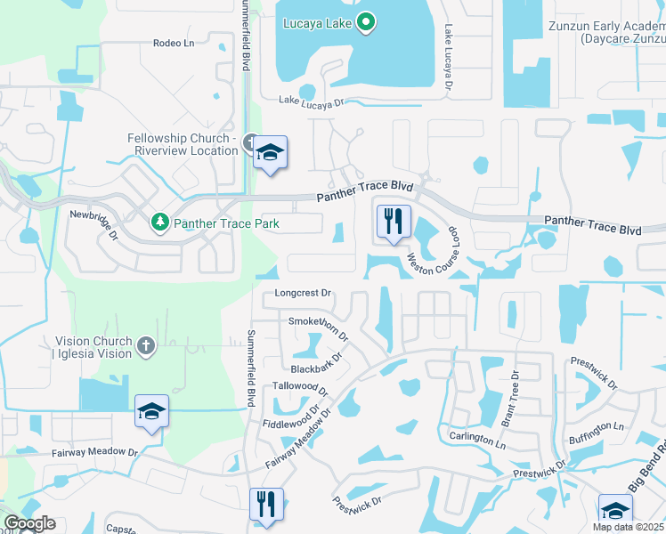 map of restaurants, bars, coffee shops, grocery stores, and more near 12631 Evington Point Drive in Riverview