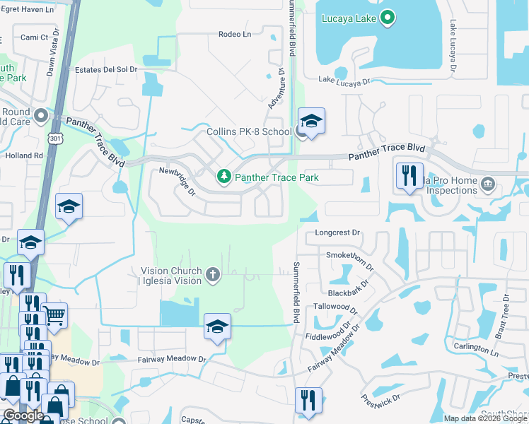 map of restaurants, bars, coffee shops, grocery stores, and more near 12702 Adventure Drive in Riverview