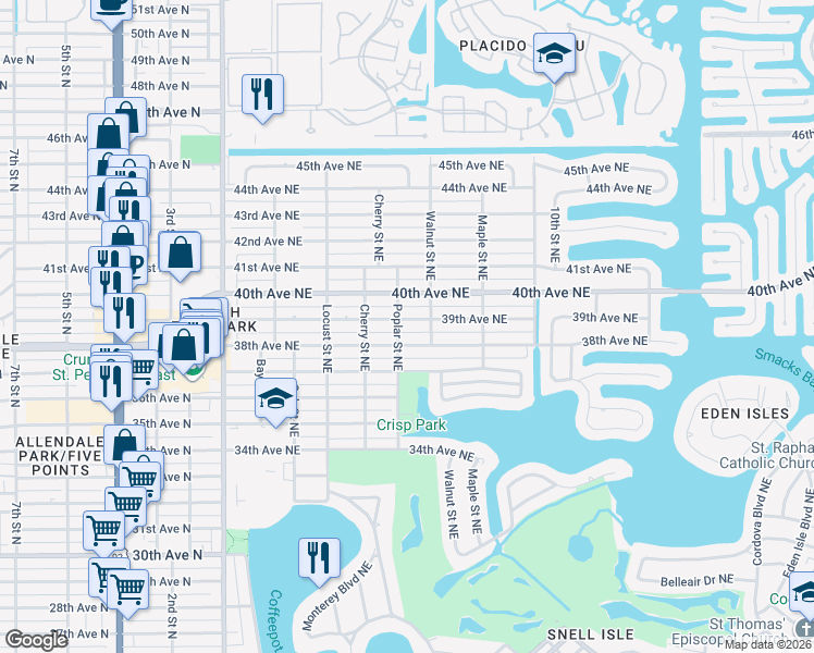 map of restaurants, bars, coffee shops, grocery stores, and more near 614 39th Avenue Northeast in St. Petersburg