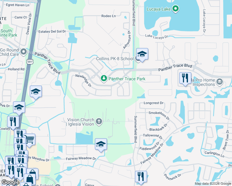map of restaurants, bars, coffee shops, grocery stores, and more near 12722 Adventure Drive in Riverview