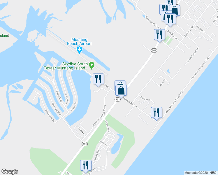 map of restaurants, bars, coffee shops, grocery stores, and more near 105 Piper Boulevard in Port Aransas