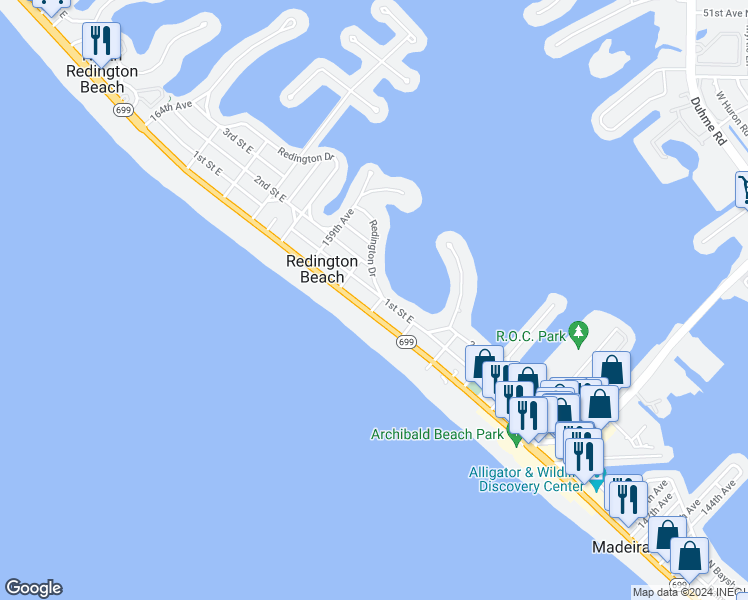map of restaurants, bars, coffee shops, grocery stores, and more near 15700 1st Street East in Redington Beach