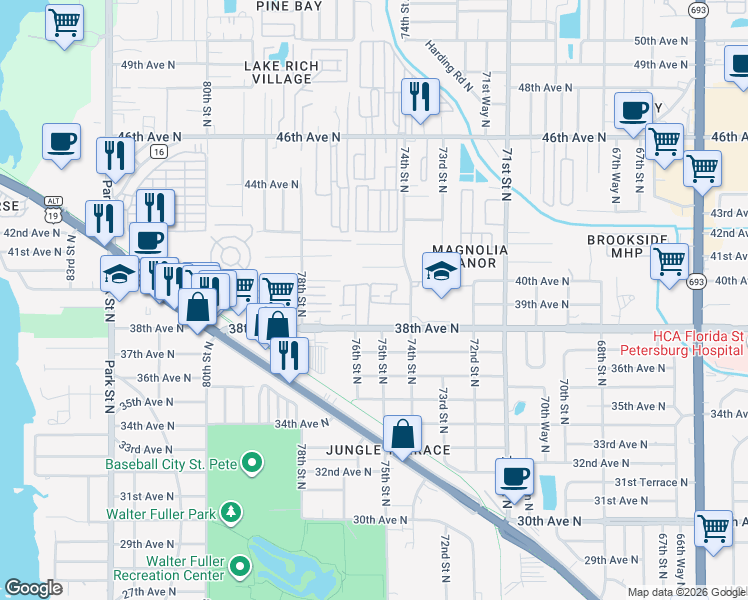 map of restaurants, bars, coffee shops, grocery stores, and more near 3860 75th Way North in St. Petersburg