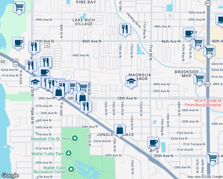 map of restaurants, bars, coffee shops, grocery stores, and more near 3860 75th Way North in St. Petersburg