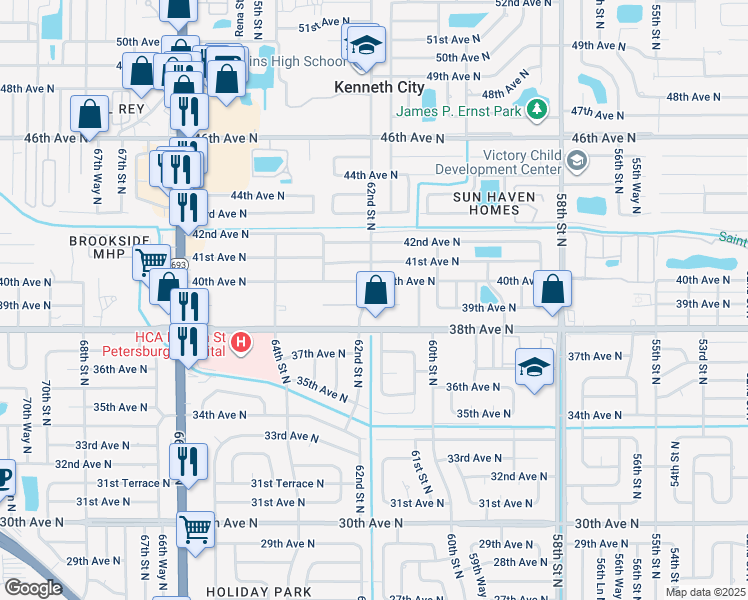map of restaurants, bars, coffee shops, grocery stores, and more near 6193 39th Avenue North in St. Petersburg