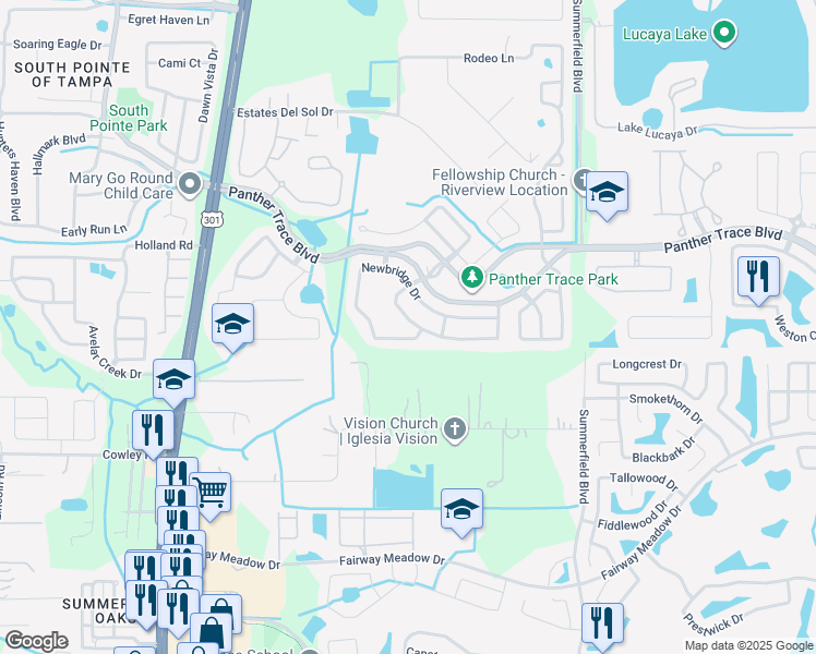 map of restaurants, bars, coffee shops, grocery stores, and more near 12629 Bramfield Drive in Riverview