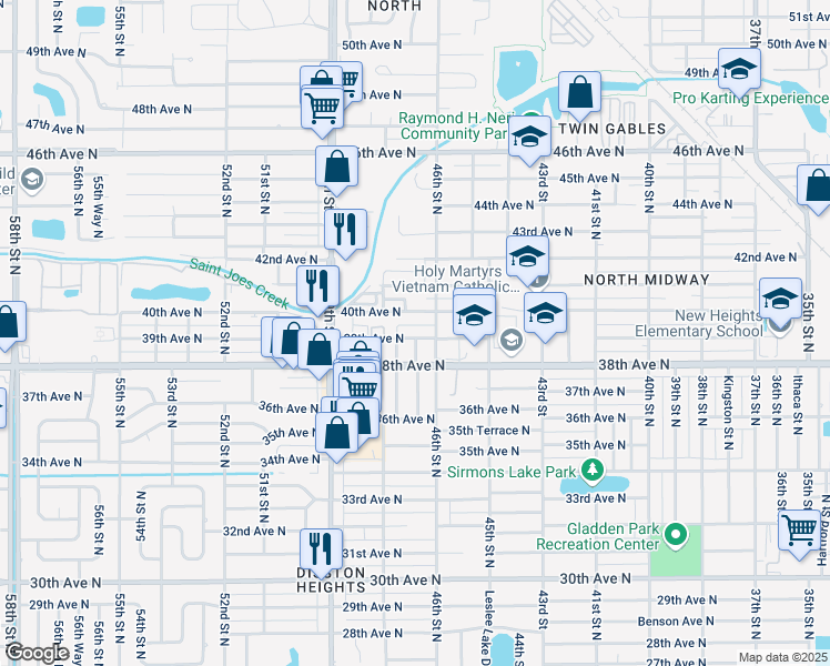 map of restaurants, bars, coffee shops, grocery stores, and more near 4635 39th Avenue North in St. Petersburg