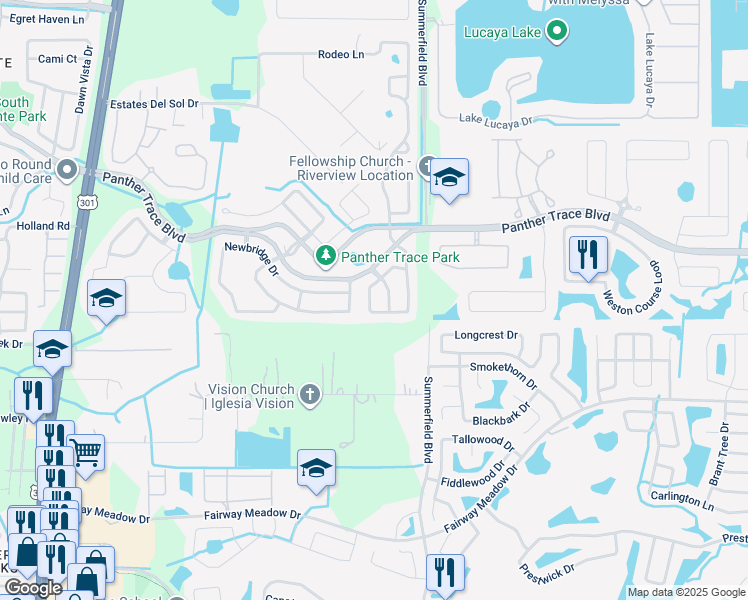 map of restaurants, bars, coffee shops, grocery stores, and more near 12702 Adventure Drive in Riverview