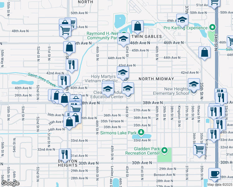 map of restaurants, bars, coffee shops, grocery stores, and more near 4455 38th Avenue North in Saint Petersburg