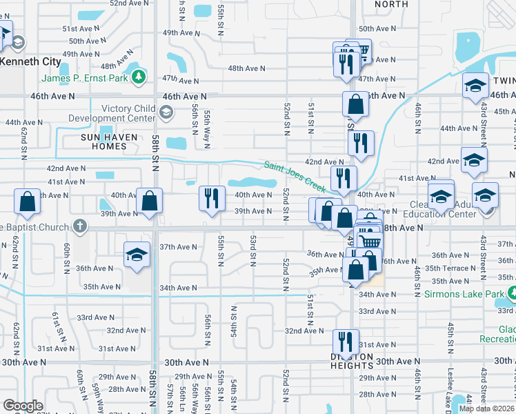 map of restaurants, bars, coffee shops, grocery stores, and more near 3853 53rd Street North in St. Petersburg
