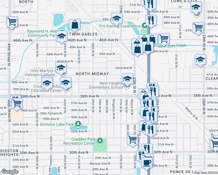 map of restaurants, bars, coffee shops, grocery stores, and more near 3783 39th Avenue North in Saint Petersburg