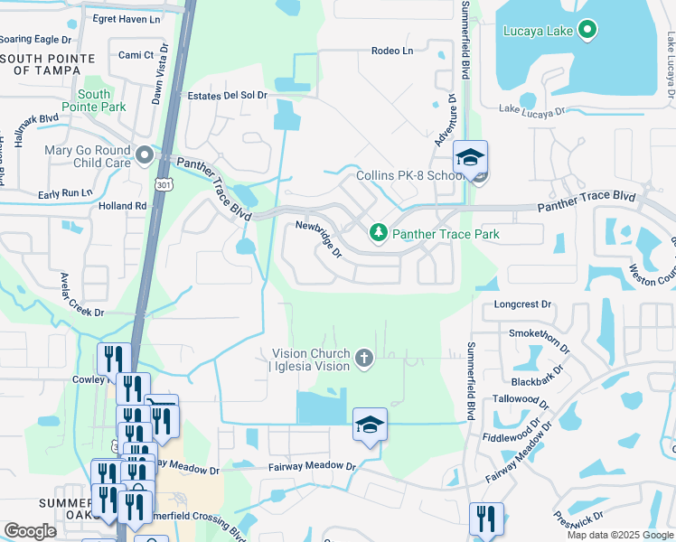 map of restaurants, bars, coffee shops, grocery stores, and more near 12705 Bramfield Drive in Riverview