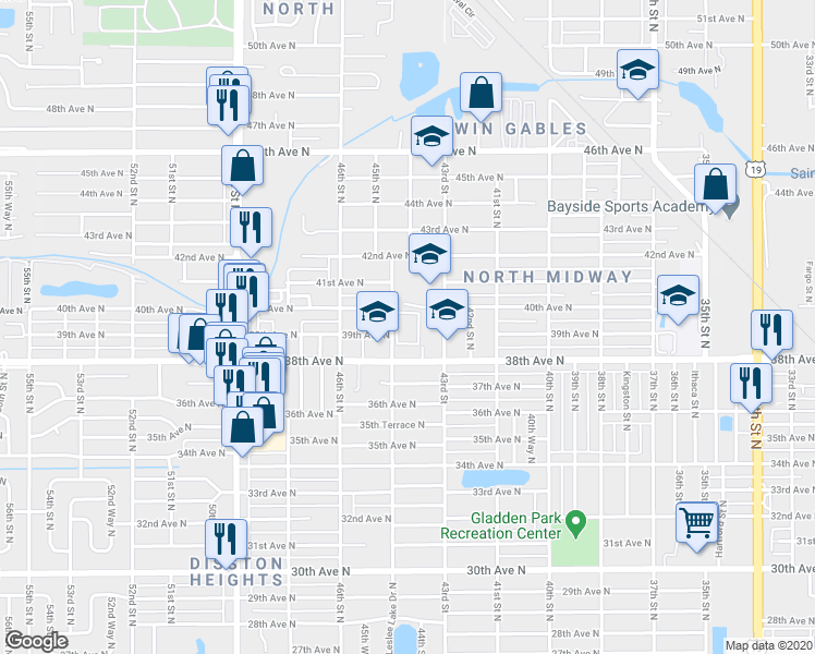 map of restaurants, bars, coffee shops, grocery stores, and more near 4455 38th Terrace North in St. Petersburg