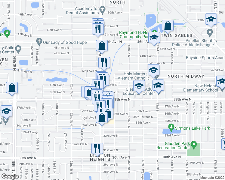 map of restaurants, bars, coffee shops, grocery stores, and more near 3827 Utica Street North in St. Petersburg