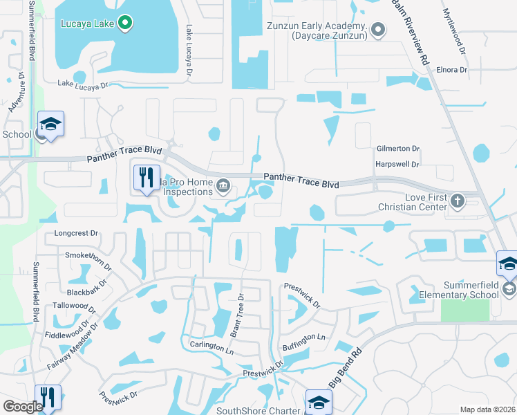 map of restaurants, bars, coffee shops, grocery stores, and more near 12665 Belcroft Drive in Riverview