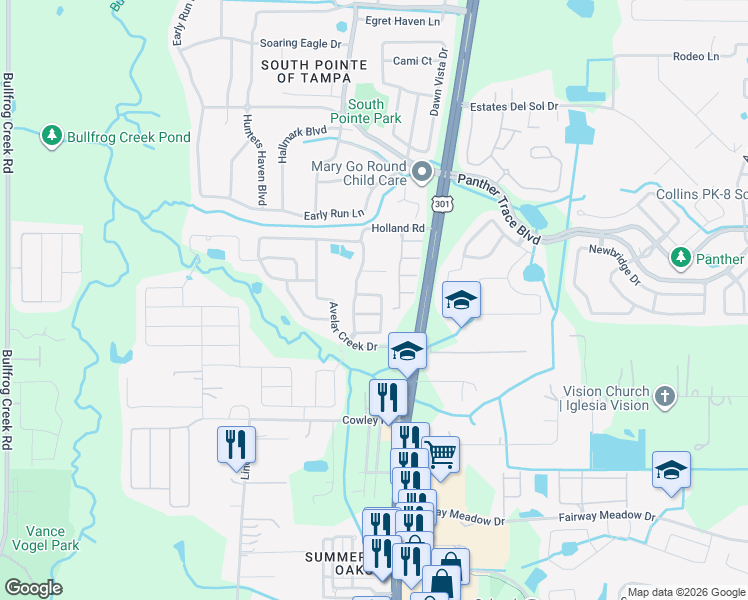 map of restaurants, bars, coffee shops, grocery stores, and more near 12856 Geneva Glade Drive in Riverview