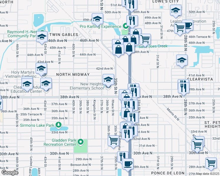 map of restaurants, bars, coffee shops, grocery stores, and more near 3901 37th Street North in St. Petersburg