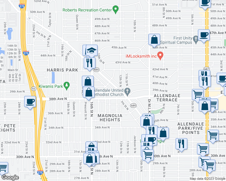 map of restaurants, bars, coffee shops, grocery stores, and more near 3817 Iris Street North in St. Petersburg