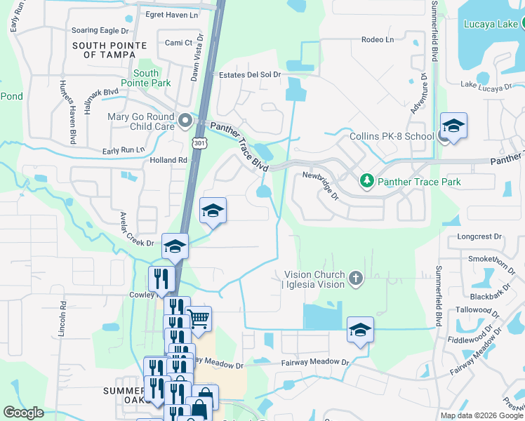 map of restaurants, bars, coffee shops, grocery stores, and more near 12740 Standbridge Drive in Riverview