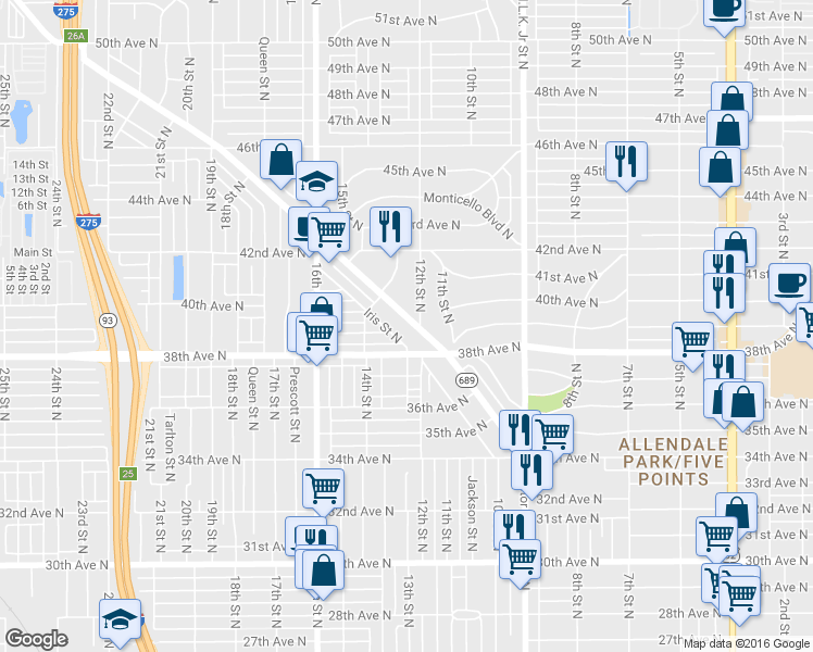 map of restaurants, bars, coffee shops, grocery stores, and more near 3844 Haines Road North in St. Petersburg
