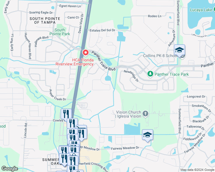 map of restaurants, bars, coffee shops, grocery stores, and more near 12719 Standbridge Drive in Riverview