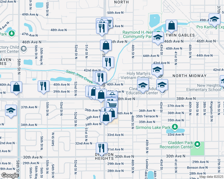 map of restaurants, bars, coffee shops, grocery stores, and more near 4729 39th Avenue North in St. Petersburg