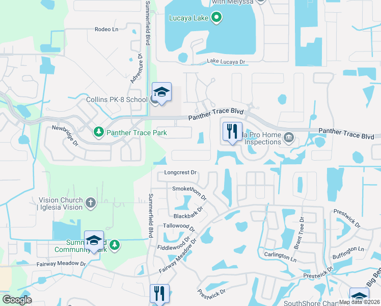 map of restaurants, bars, coffee shops, grocery stores, and more near 12745 Evington Point Drive in Riverview