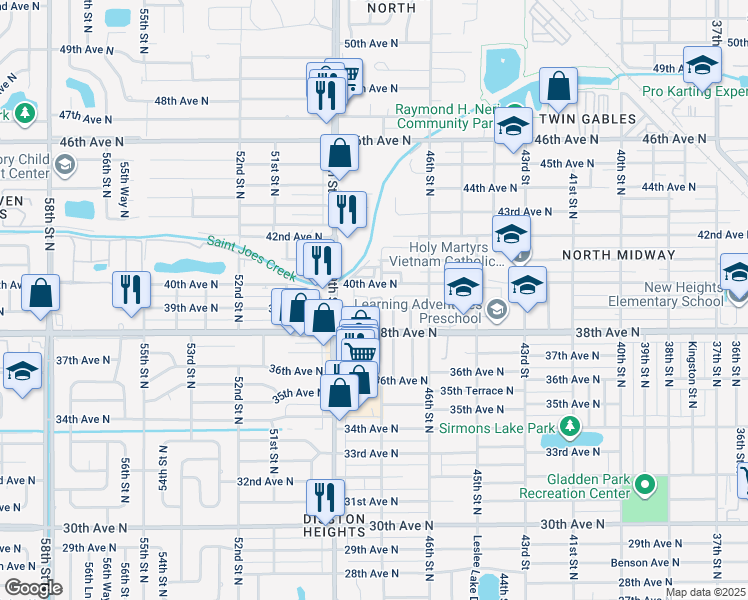 map of restaurants, bars, coffee shops, grocery stores, and more near 4725 39th Avenue North in St. Petersburg