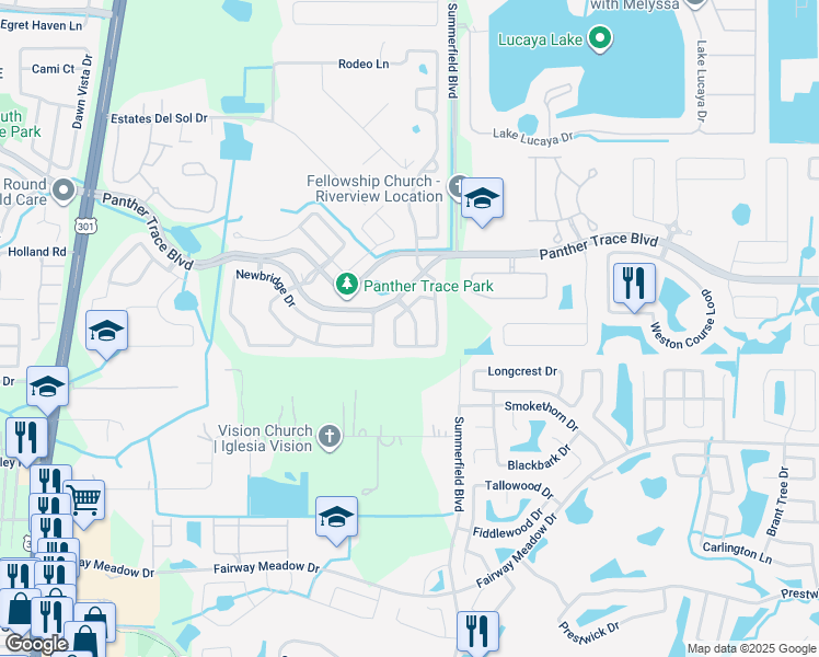 map of restaurants, bars, coffee shops, grocery stores, and more near 12613 Ocelot Place in Riverview