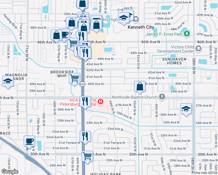 map of restaurants, bars, coffee shops, grocery stores, and more near 3980 64th Street North in St. Petersburg