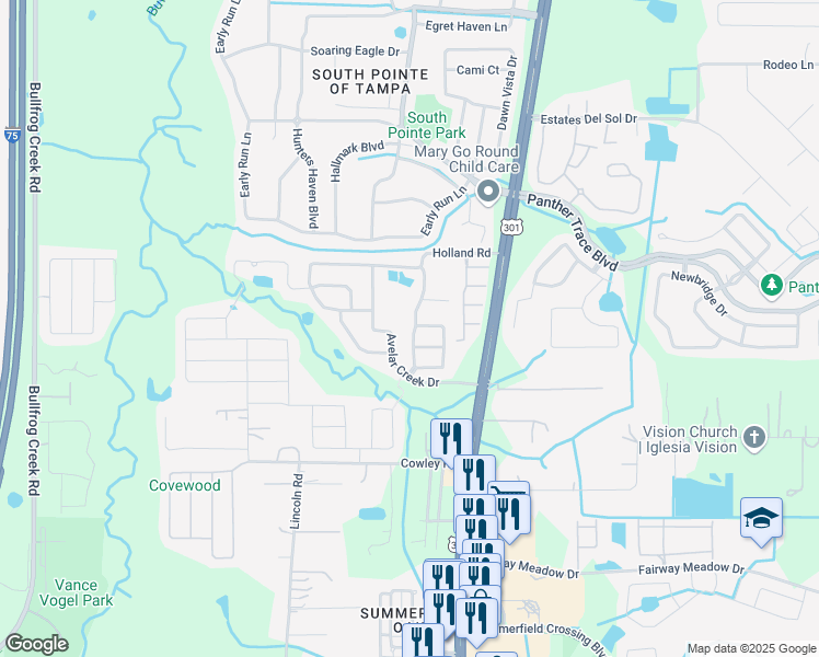 map of restaurants, bars, coffee shops, grocery stores, and more near 12719 Geneva Glade Drive in Riverview