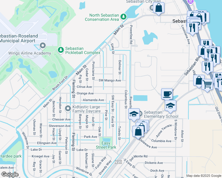 map of restaurants, bars, coffee shops, grocery stores, and more near 286 Easy Street in Sebastian