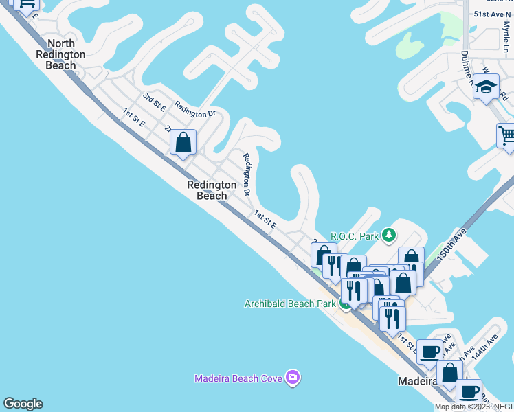 map of restaurants, bars, coffee shops, grocery stores, and more near 15701 Redington Drive in Redington Beach