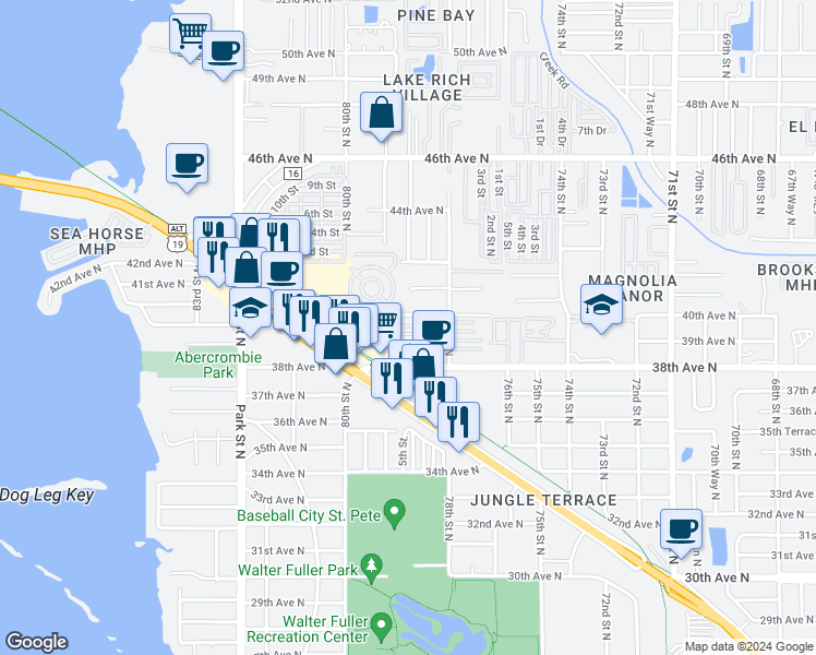 map of restaurants, bars, coffee shops, grocery stores, and more near 7861 40th Avenue North in St. Petersburg