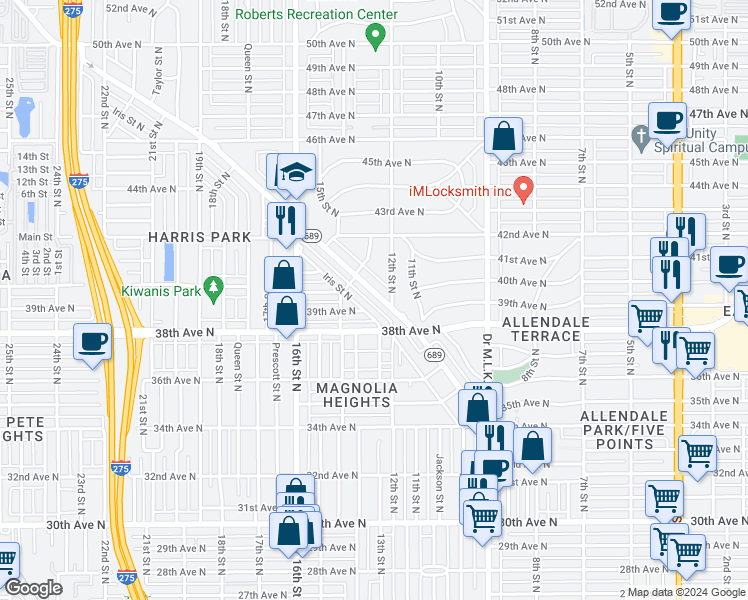 map of restaurants, bars, coffee shops, grocery stores, and more near 3880 Haines Road North in St. Petersburg