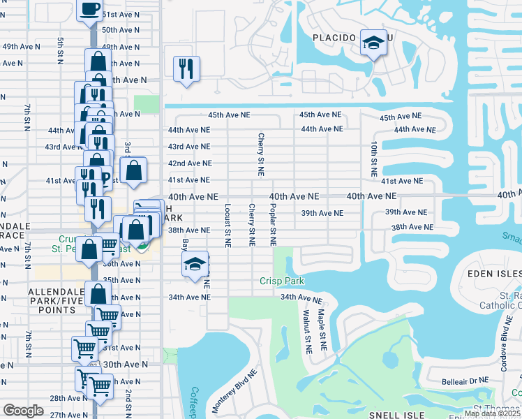 map of restaurants, bars, coffee shops, grocery stores, and more near 525 39th Avenue Northeast in Saint Petersburg