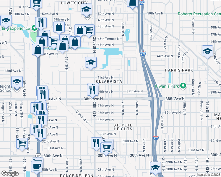 map of restaurants, bars, coffee shops, grocery stores, and more near 3919 26th Street North in St. Petersburg
